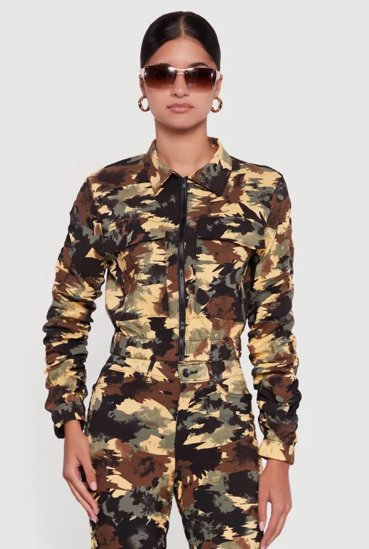 Zip Front Printed Pattern Ruched Sleeve Jacket sold by Rainbow