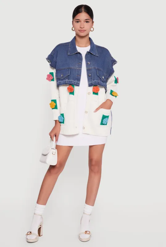 Flower Detail Layered Sweater Denim Jacket sold by Rainbow