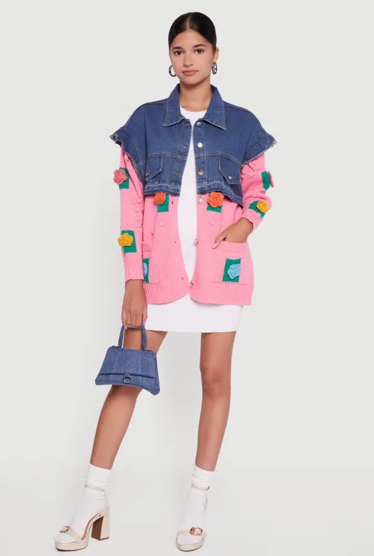 Flower Detail Layered Sweater Denim Jacket sold by Rainbow