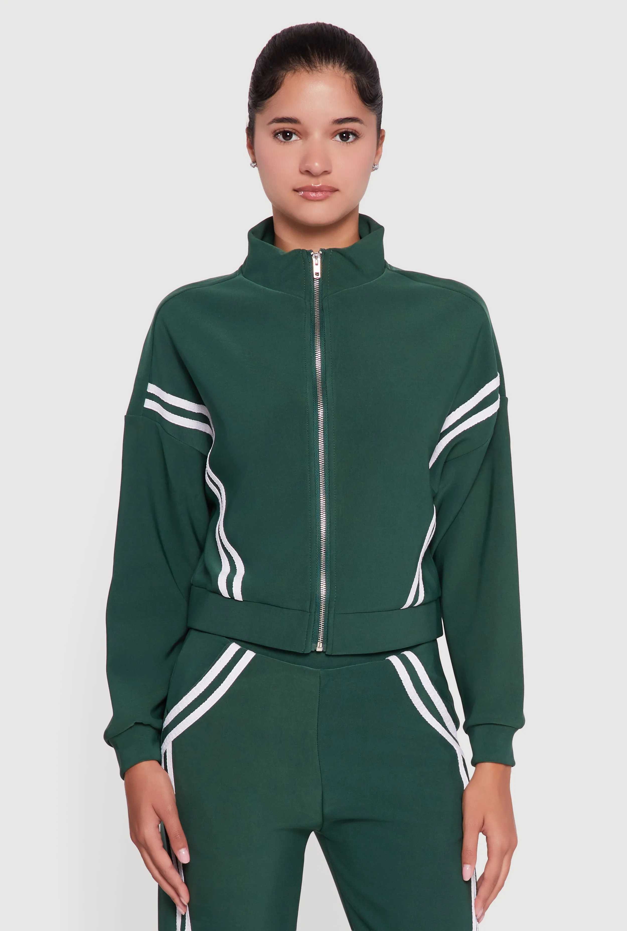 Long Sleeve Mock Neck Varsity Stripe Detail Track Jacket sold by Rainbow product image thumbnail 2