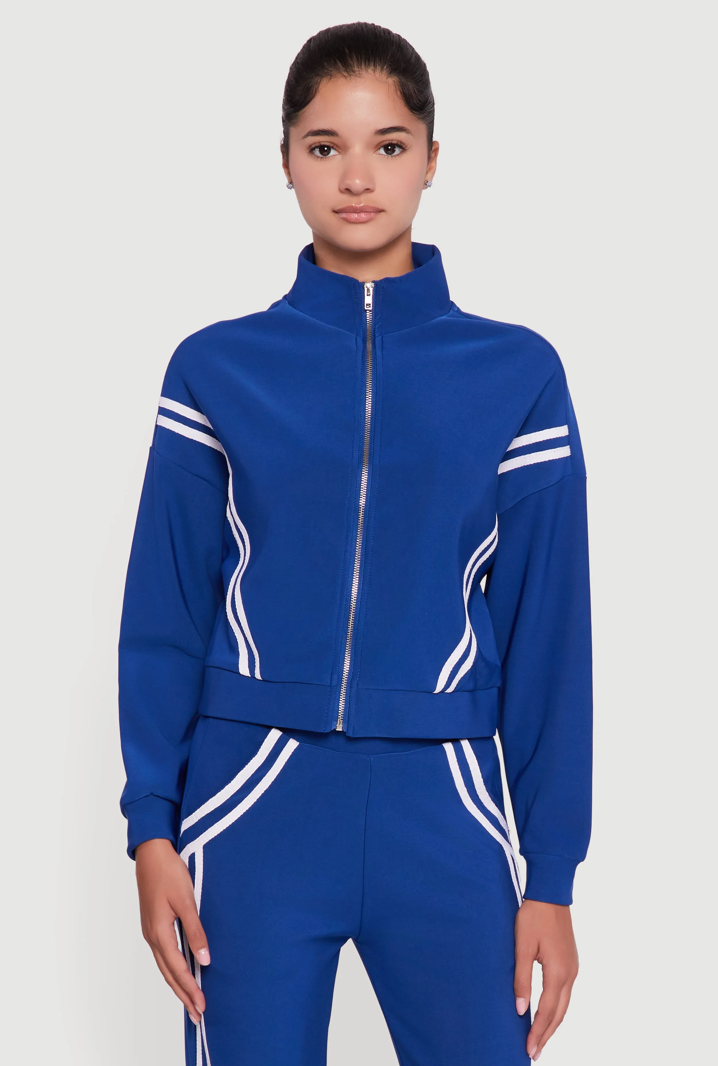 Long Sleeve Mock Neck Varsity Stripe Detail Track Jacket sold by Rainbow product image thumbnail 3