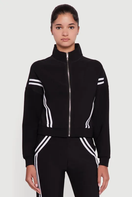 Long Sleeve Mock Neck Varsity Stripe Detail Track Jacket sold by Rainbow