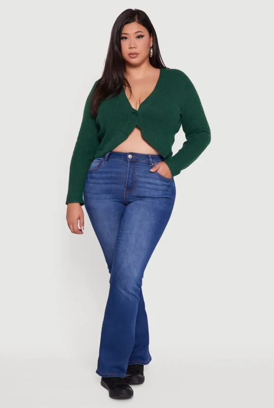 Plus Size One Button Long Sleeve Cropped Cardigan made by Rainbow