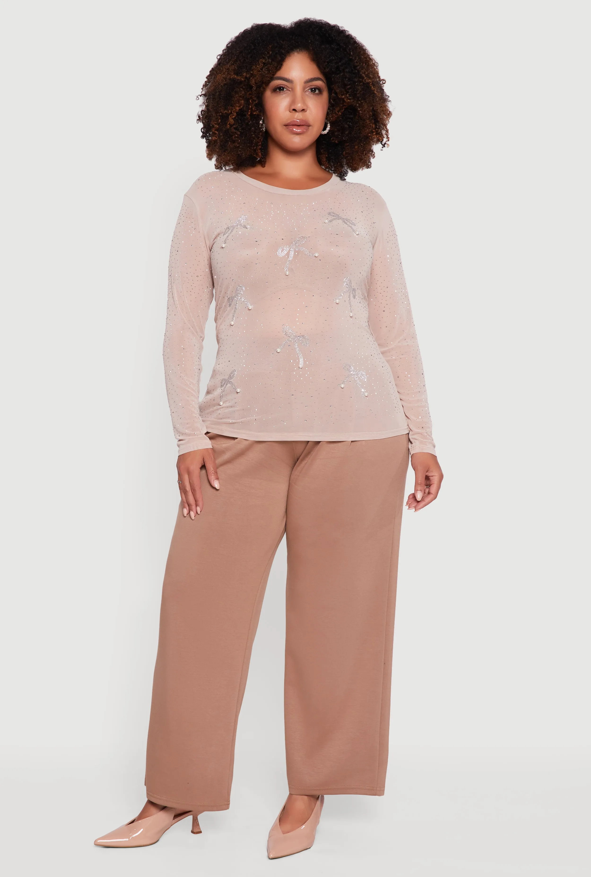 Plus Size Sheer Mesh Top with Rhinestone and Faux Pearl Bows sold by Rainbow