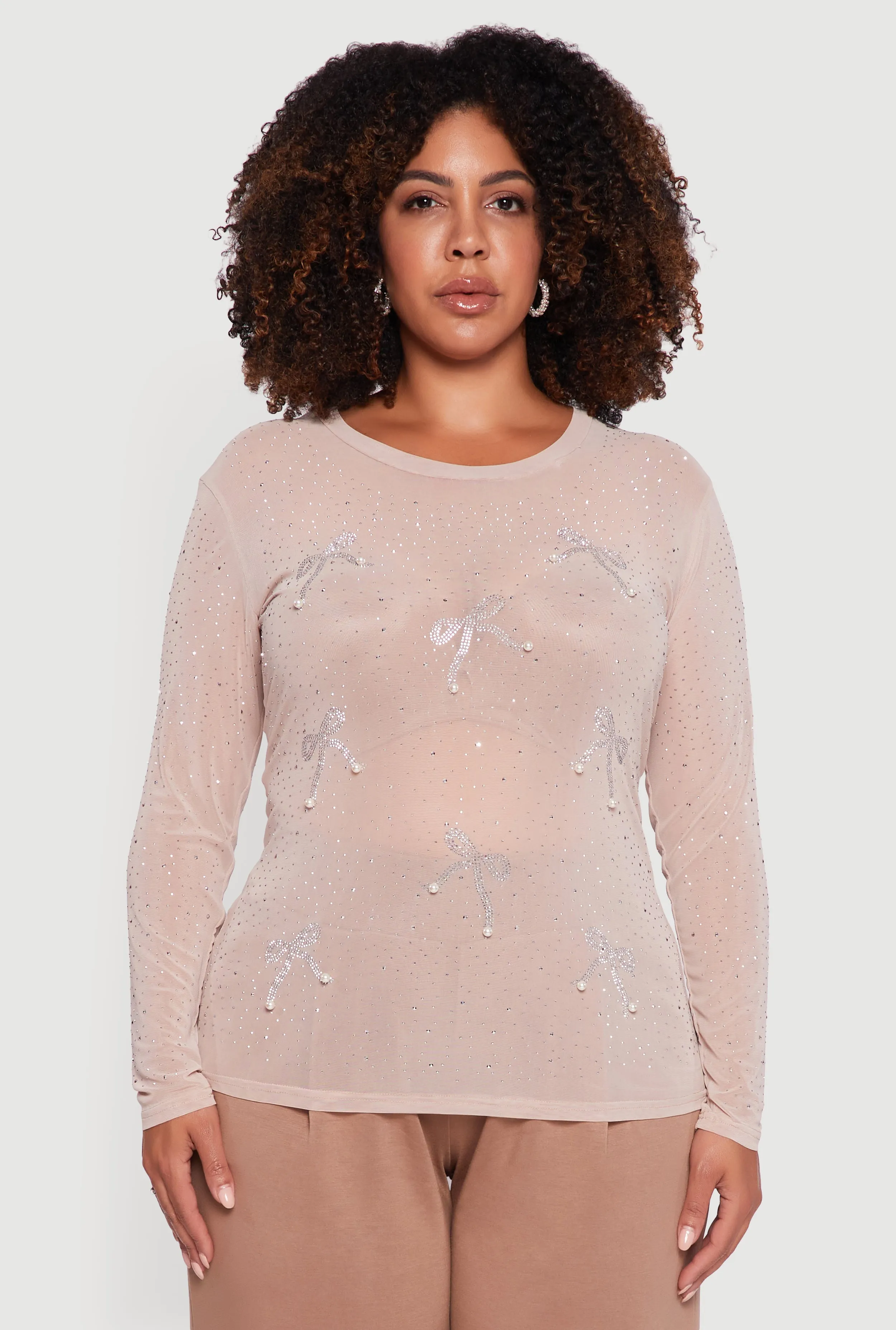 Plus Size Sheer Mesh Top with Rhinestone and Faux Pearl Bows sold by Rainbow product image thumbnail 2