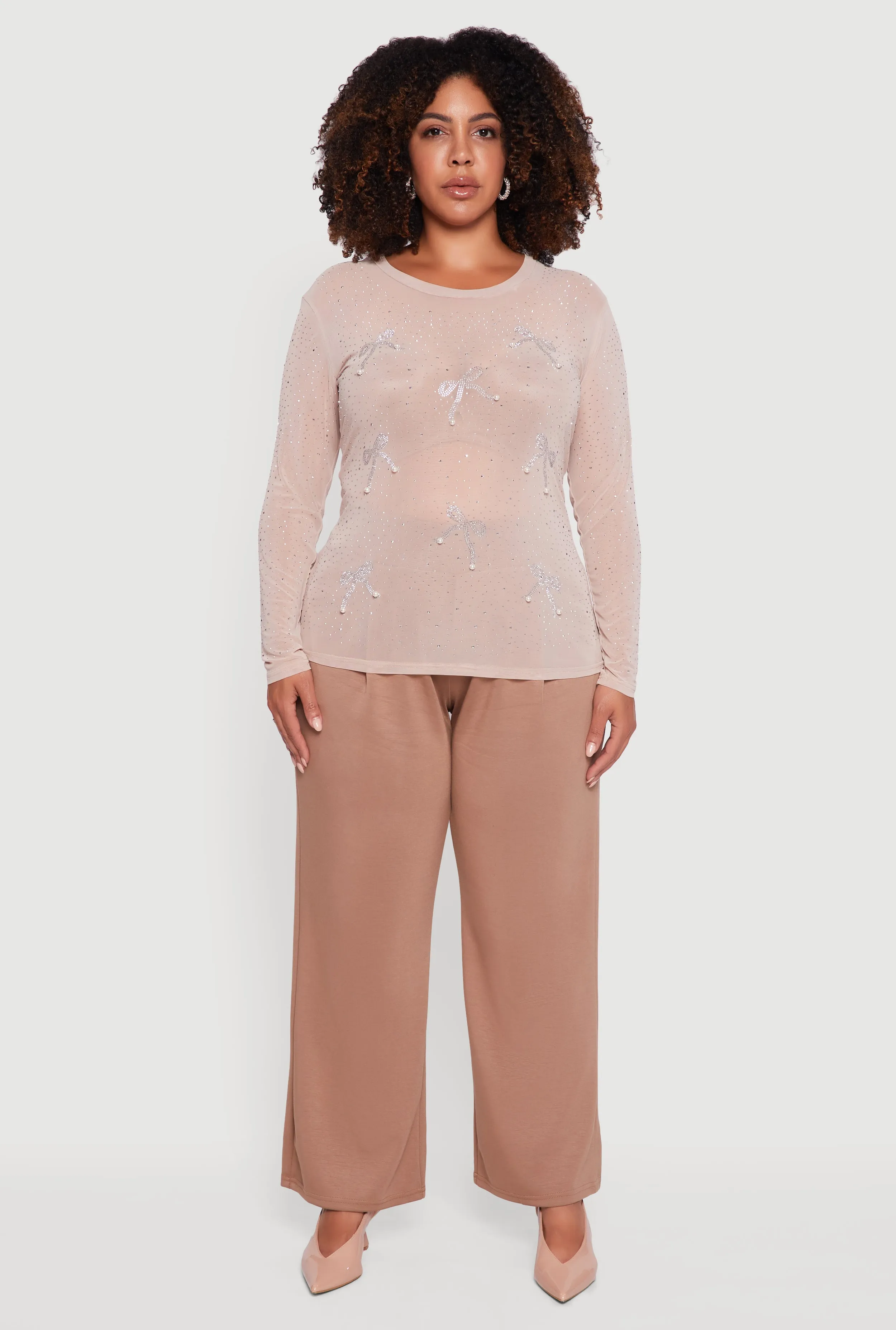 Plus Size Sheer Mesh Top with Rhinestone and Faux Pearl Bows sold by Rainbow product image thumbnail 3