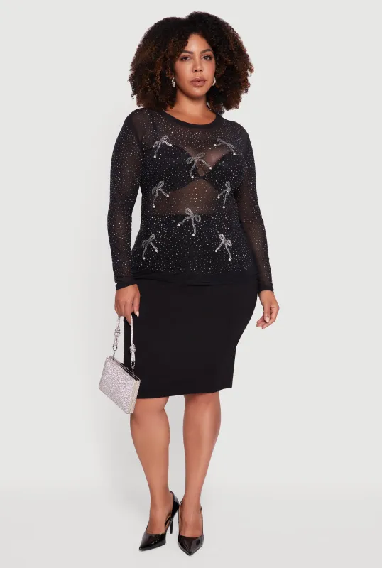 Plus Size Sheer Mesh Top with Rhinestone and Faux Pearl Bows sold by Rainbow