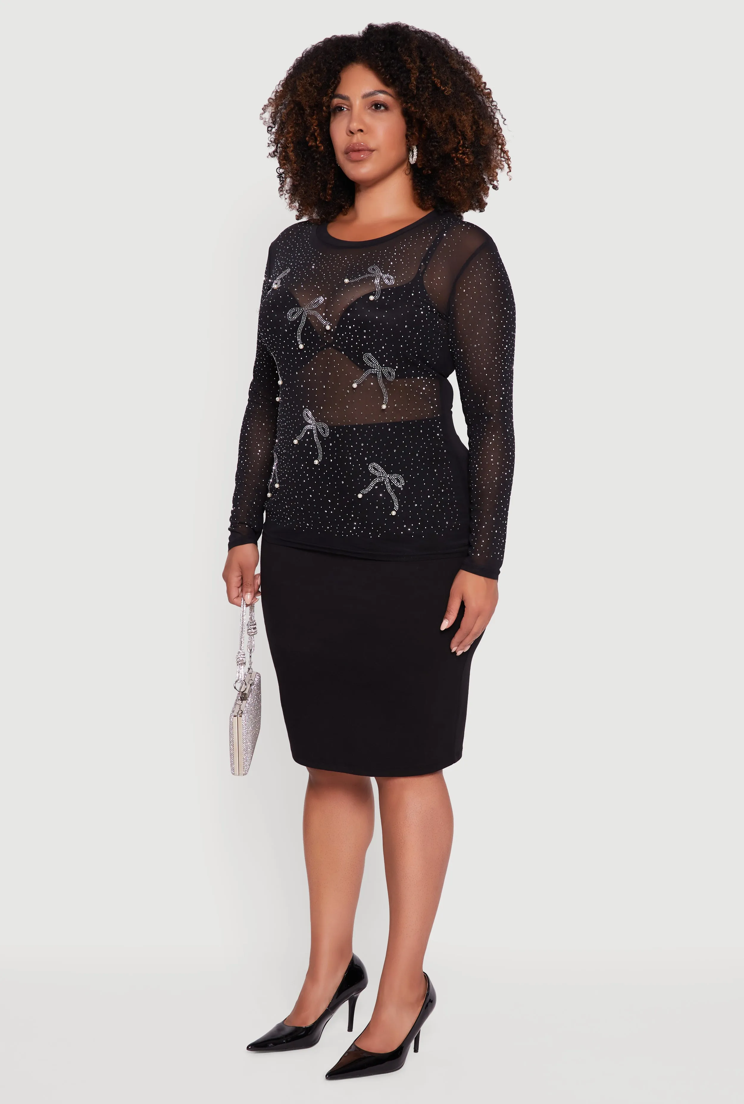 Plus Size Sheer Mesh Top with Rhinestone and Faux Pearl Bows sold by Rainbow product image thumbnail 5