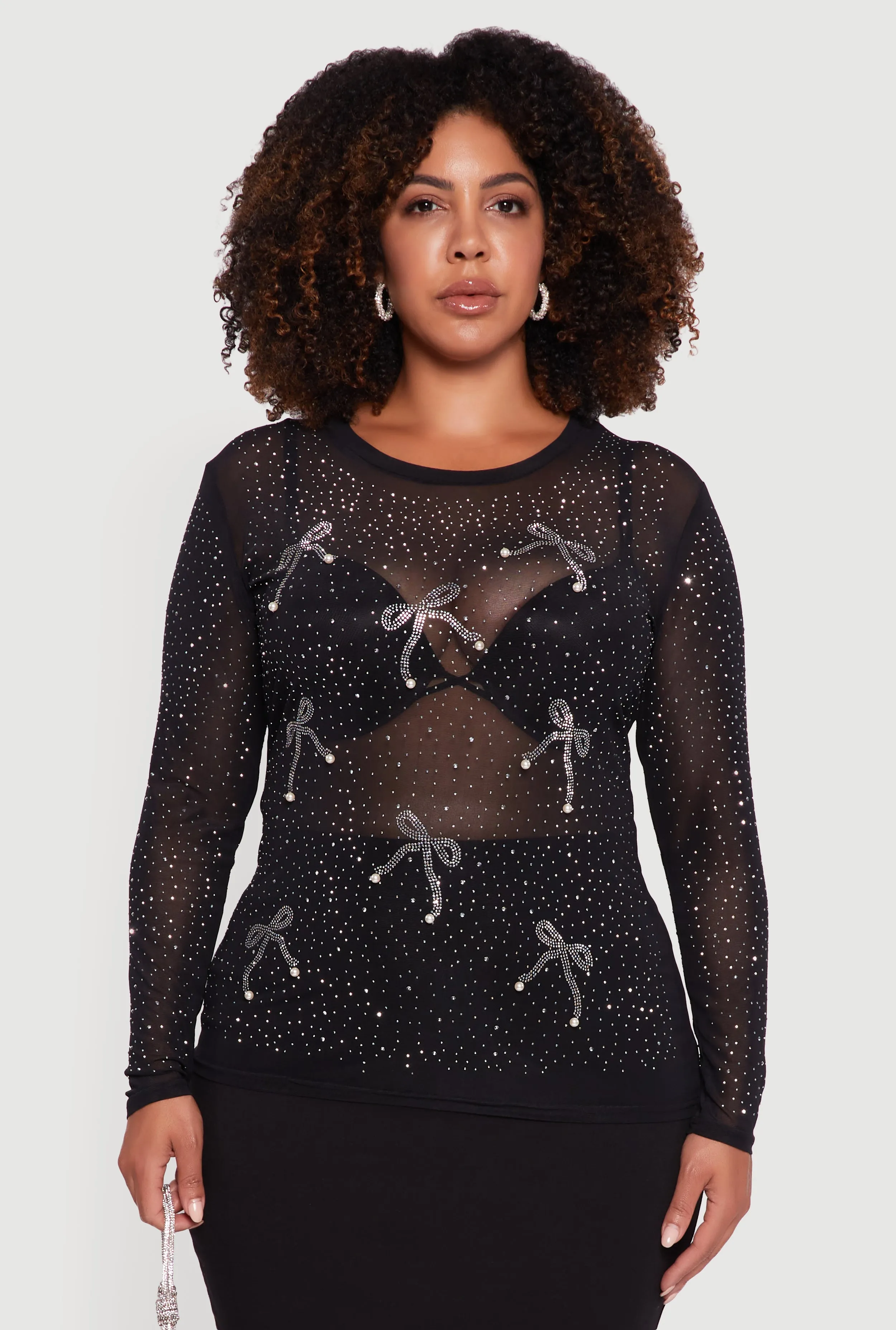 Plus Size Sheer Mesh Top with Rhinestone and Faux Pearl Bows sold by Rainbow product image thumbnail 2