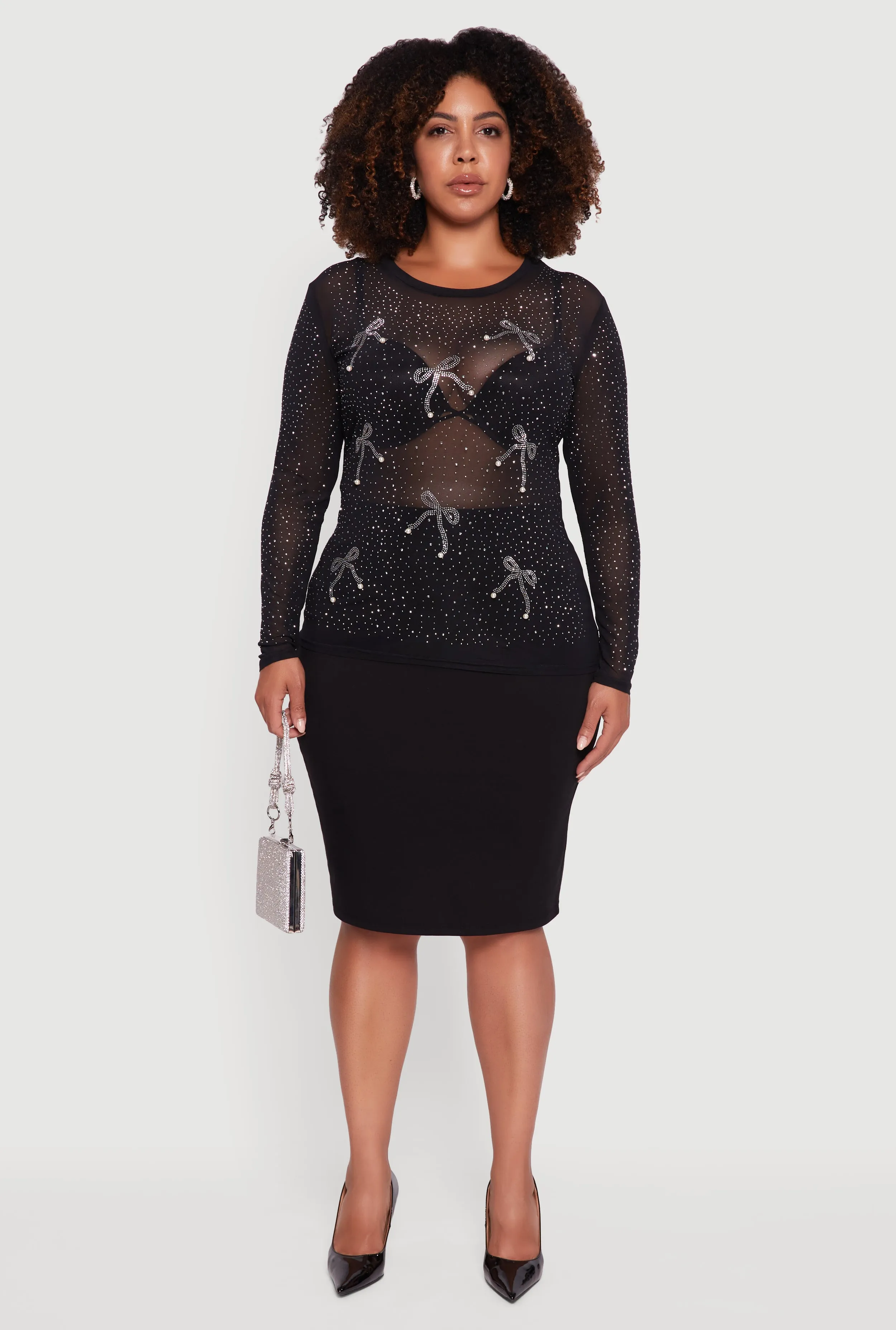 Plus Size Sheer Mesh Top with Rhinestone and Faux Pearl Bows sold by Rainbow product image thumbnail 3