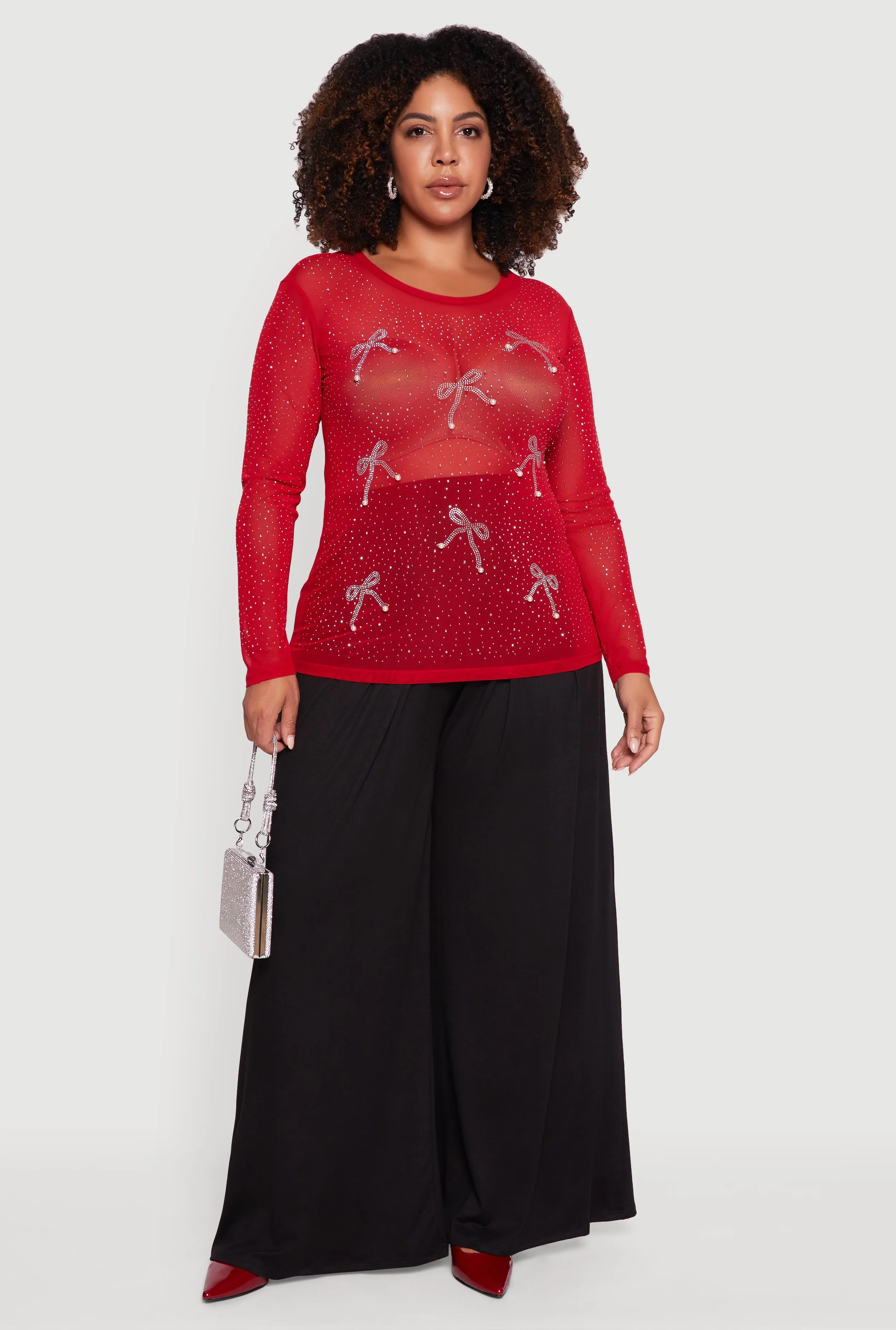 Plus Size Sheer Mesh Top with Rhinestone and Faux Pearl Bows sold by Rainbow
