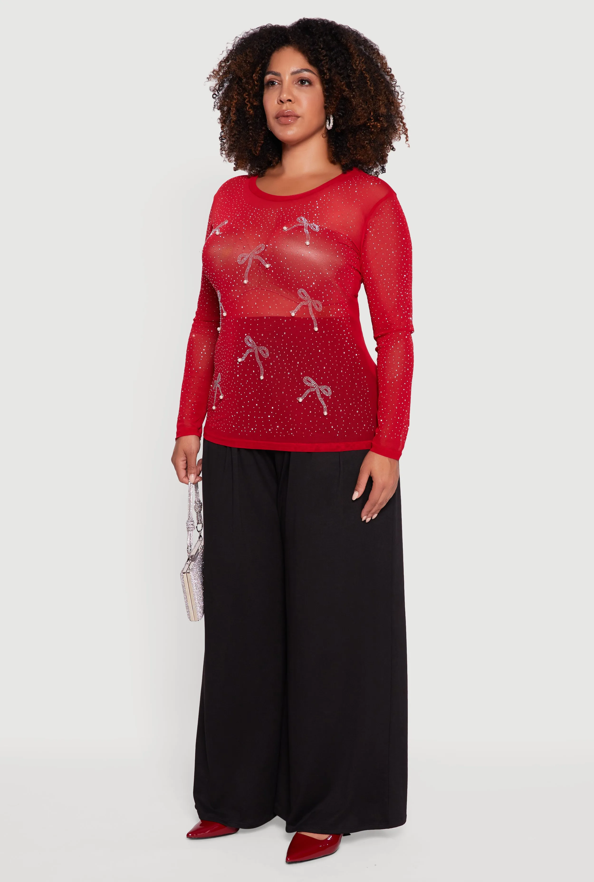 Plus Size Sheer Mesh Top with Rhinestone and Faux Pearl Bows sold by Rainbow product image thumbnail 5