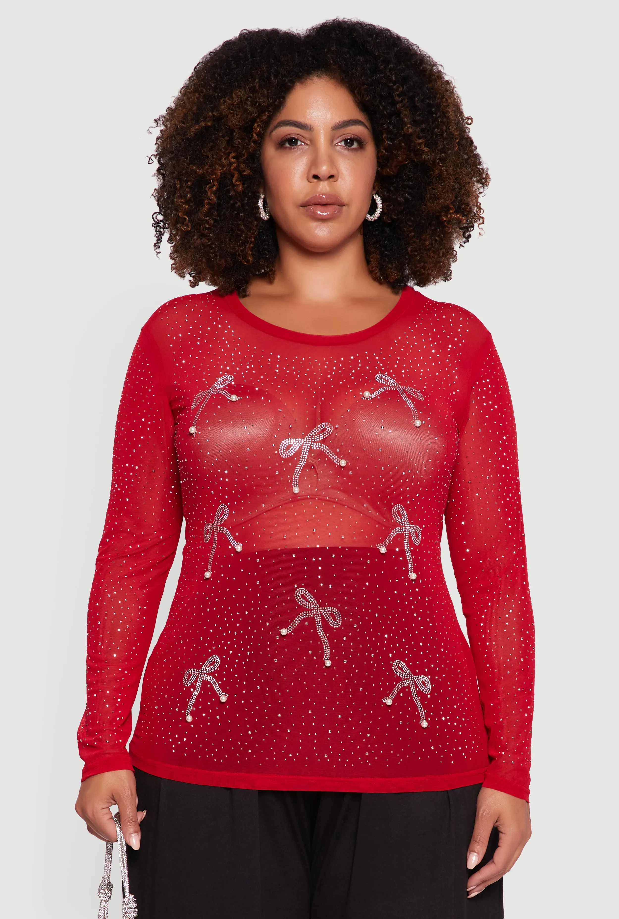 Plus Size Sheer Mesh Top with Rhinestone and Faux Pearl Bows sold by Rainbow product image thumbnail 2