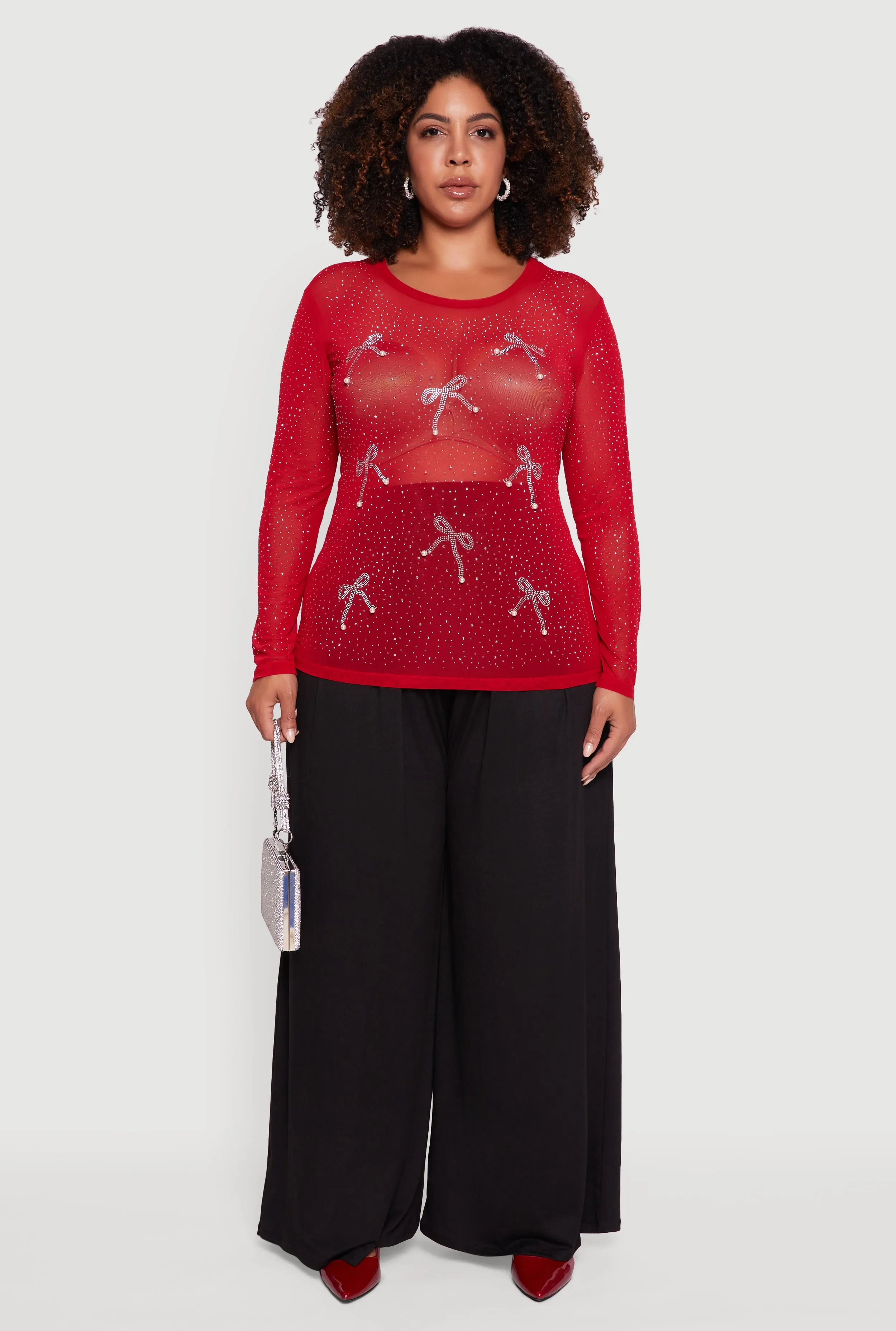 Plus Size Sheer Mesh Top with Rhinestone and Faux Pearl Bows sold by Rainbow product image thumbnail 3