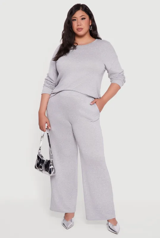 Plus Size High Waisted Brushed Knit Wide Leg Pants sold by Rainbow