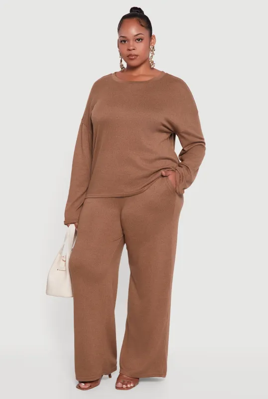 Plus Size High Waisted Brushed Knit Wide Leg Pants sold by Rainbow