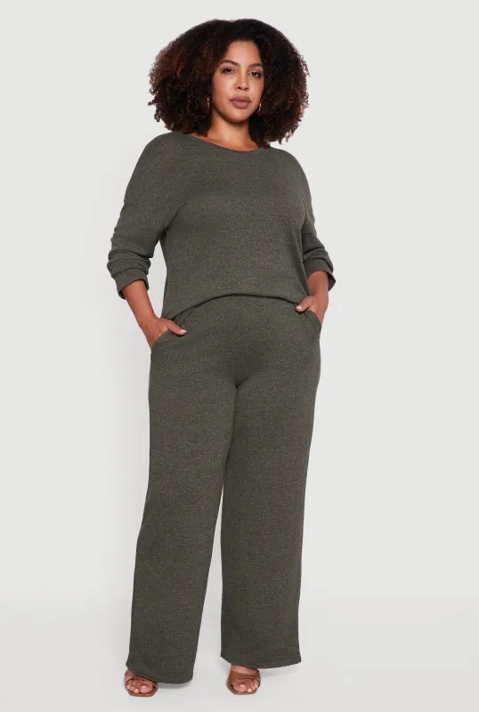 Plus Size High Waisted Brushed Knit Wide Leg Pants sold by Rainbow