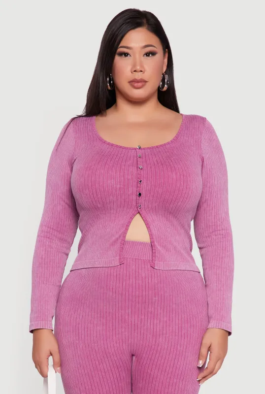 Plus Size Rib Knit Square Neck Faux Button Active Top made by Rainbow