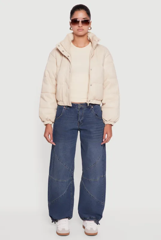 Faux Leather Snap Button Detail Zip Front Puffer Jacket sold by Rainbow
