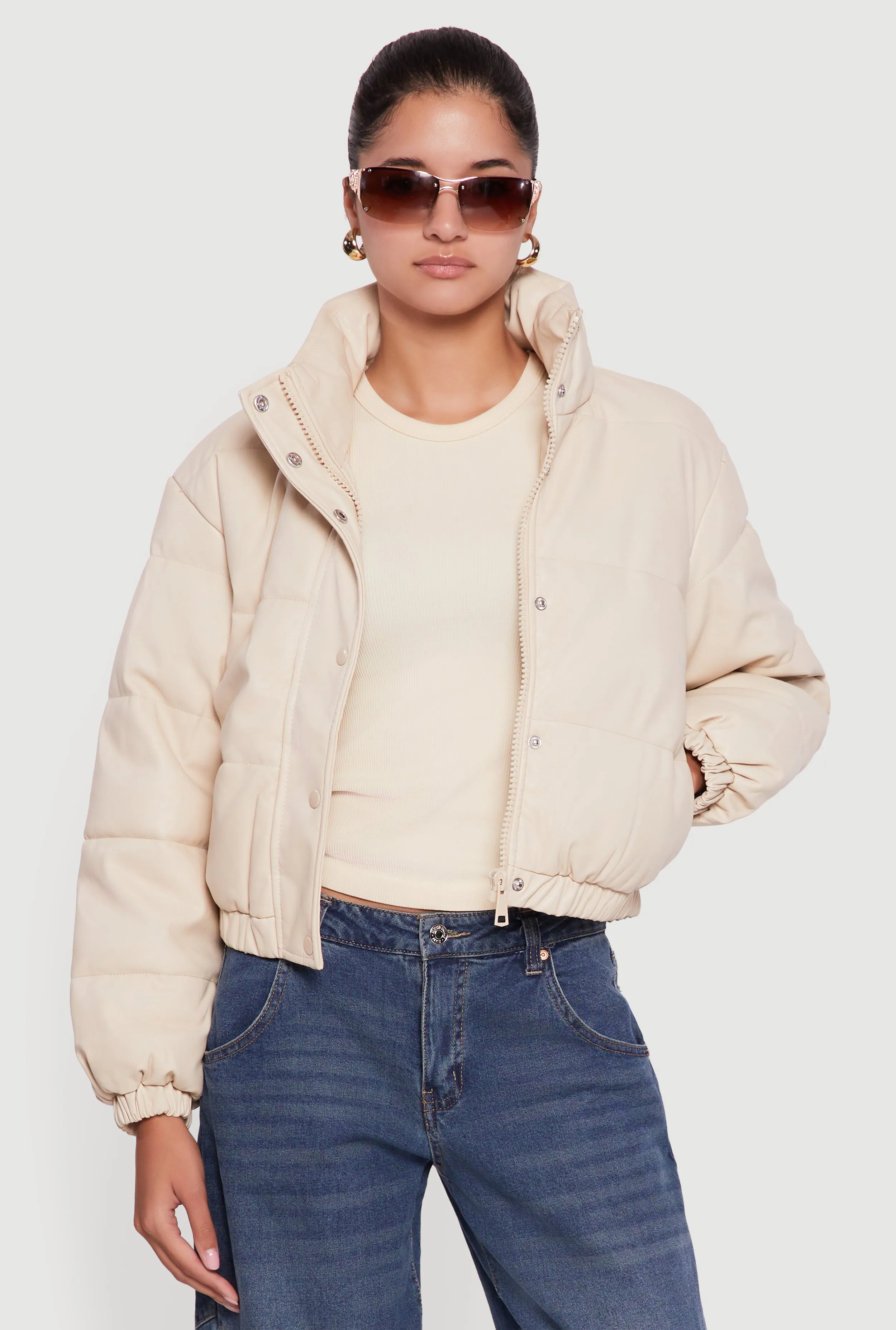 Faux Leather Snap Button Detail Zip Front Puffer Jacket sold by Rainbow product image thumbnail 2