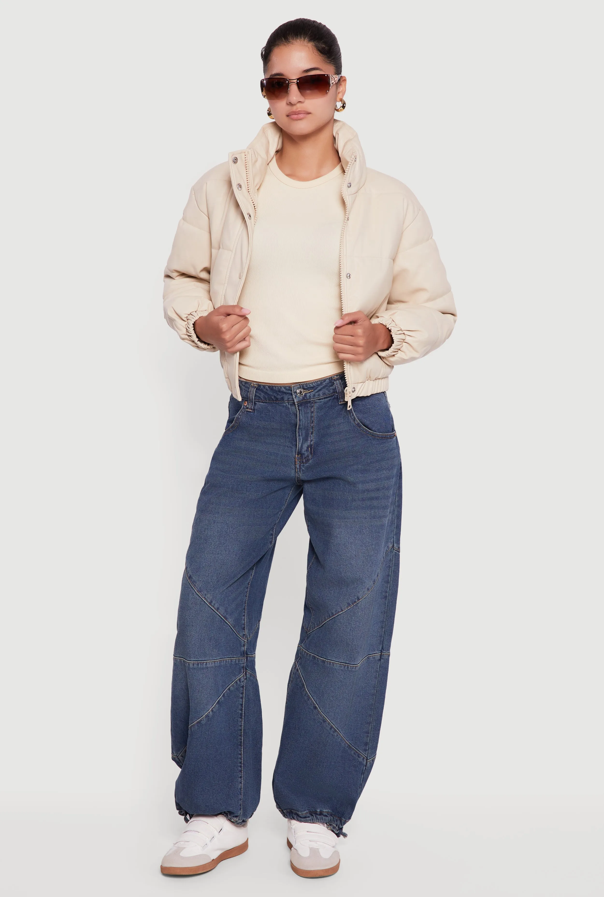 Faux Leather Snap Button Detail Zip Front Puffer Jacket sold by Rainbow product image thumbnail 3