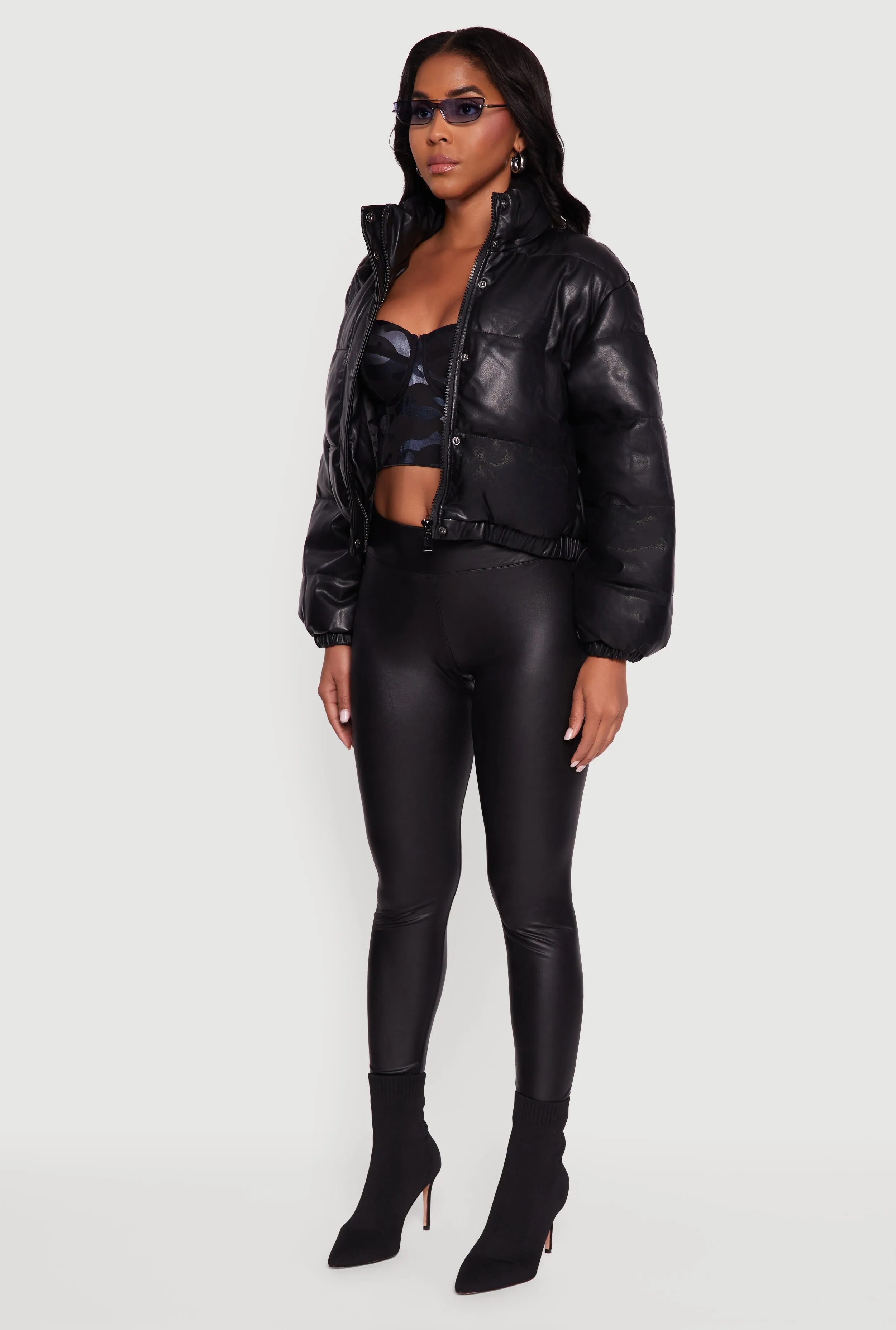 Faux Leather Snap Button Detail Zip Front Puffer Jacket sold by Rainbow product image thumbnail 5