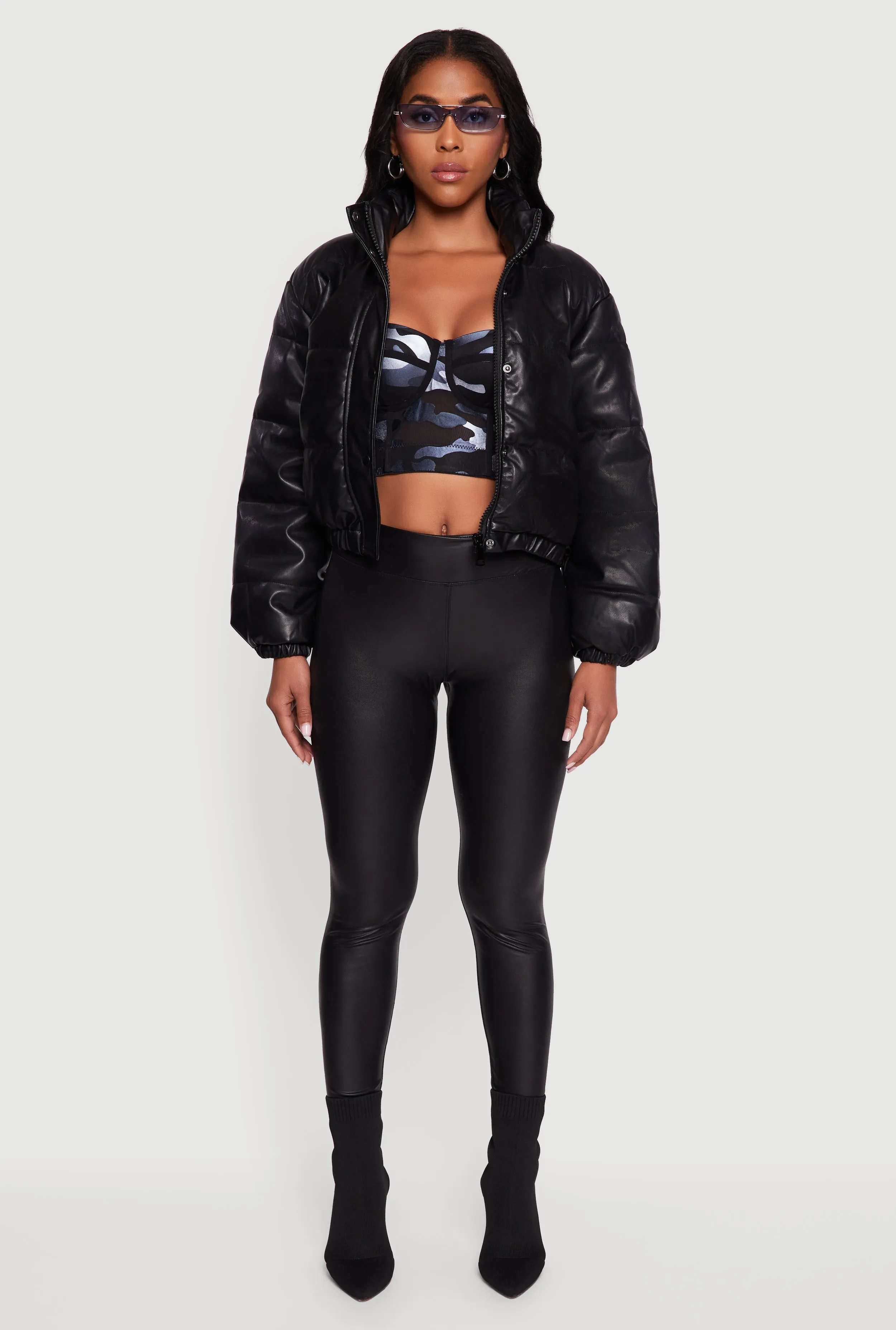 Faux Leather Snap Button Detail Zip Front Puffer Jacket sold by Rainbow product image thumbnail 3