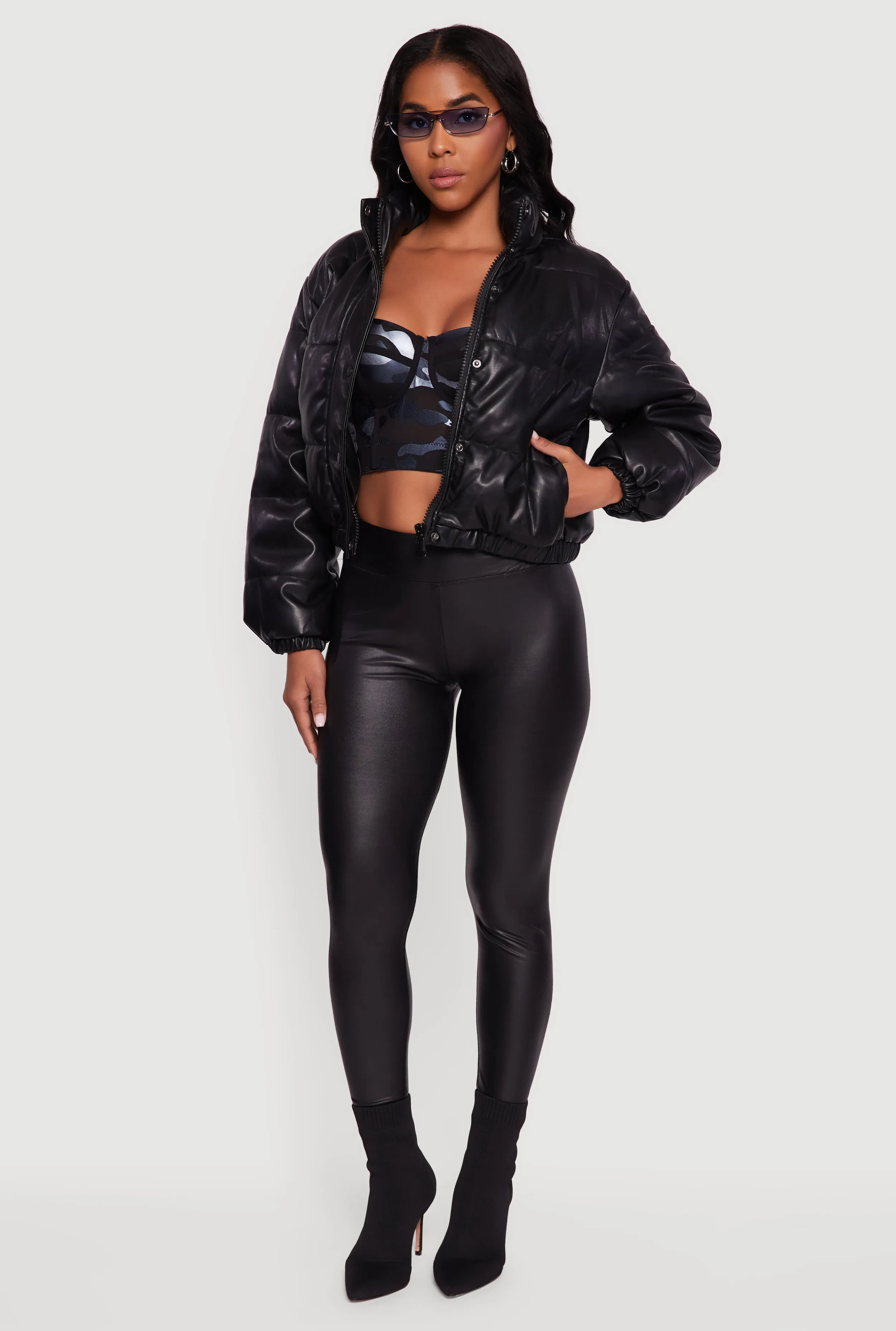 Faux Leather Snap Button Detail Zip Front Puffer Jacket sold by Rainbow