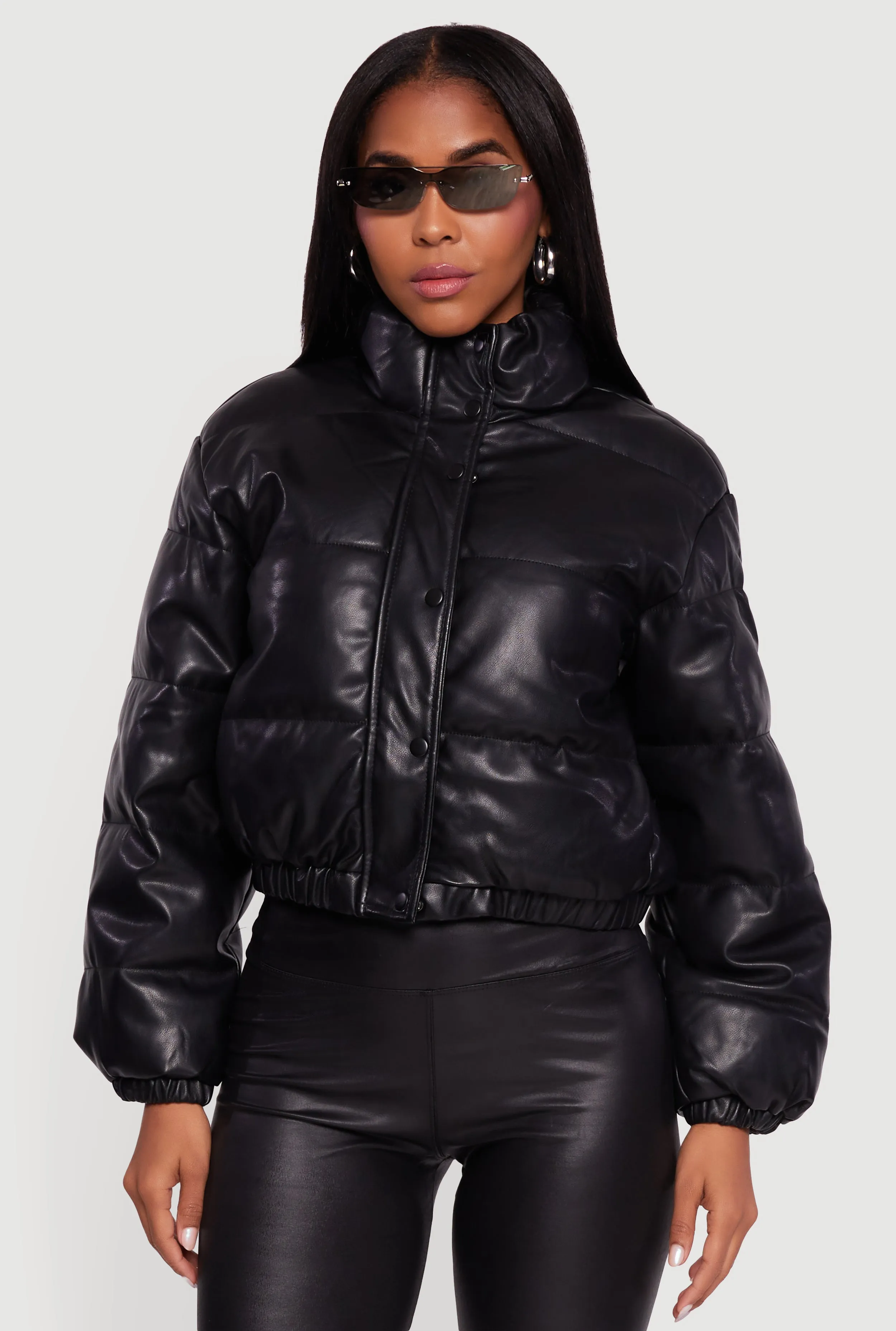 Faux Leather Snap Button Detail Zip Front Puffer Jacket sold by Rainbow product image thumbnail 2