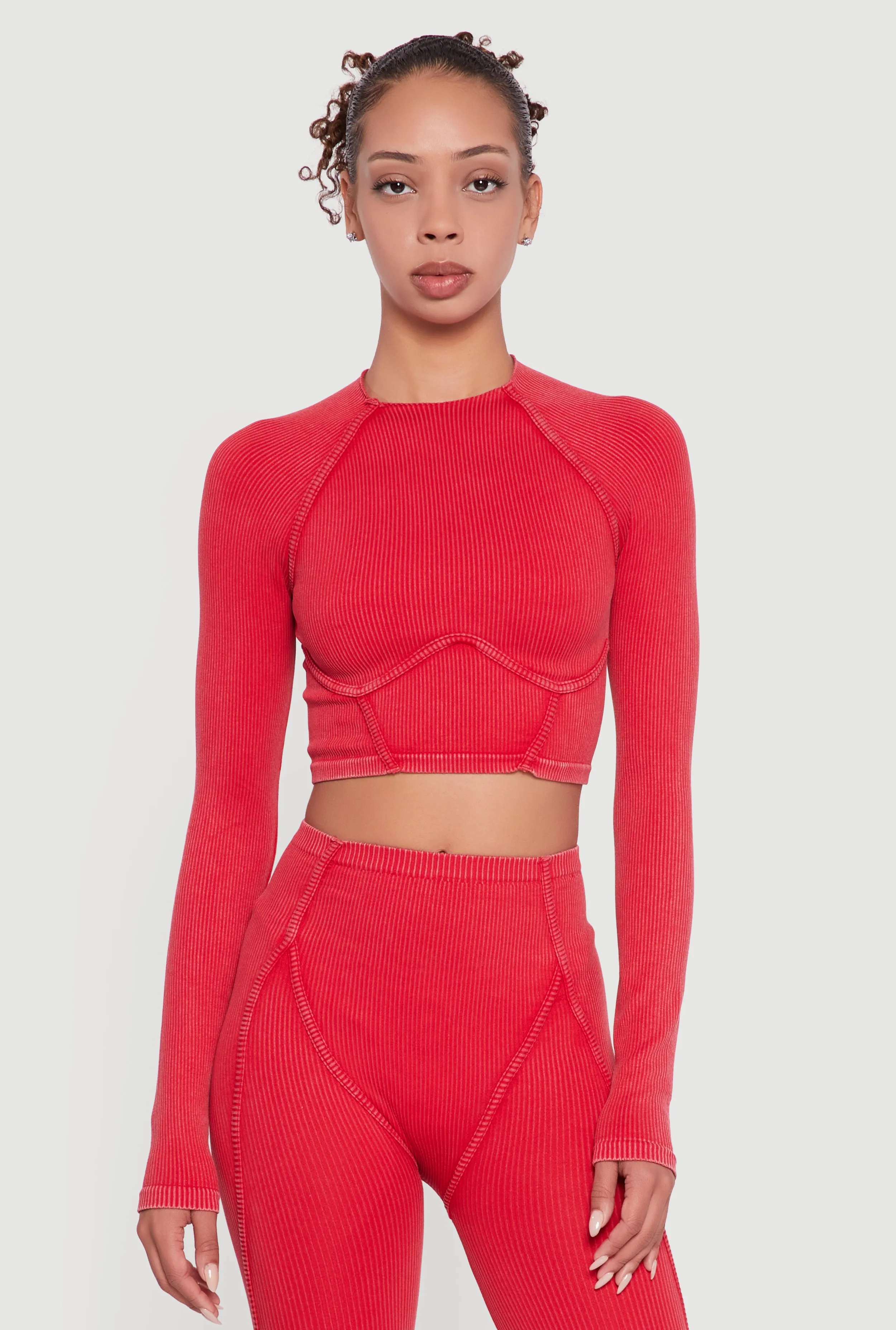 Acid Wash Ribbed Knit Decorative Stitch Active Crop Top sold by Rainbow product image thumbnail 2