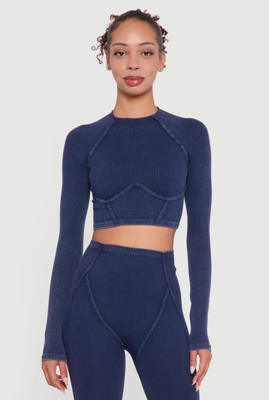 Acid Wash Ribbed Knit Decorative Stitch Active Crop Top sold by Rainbow