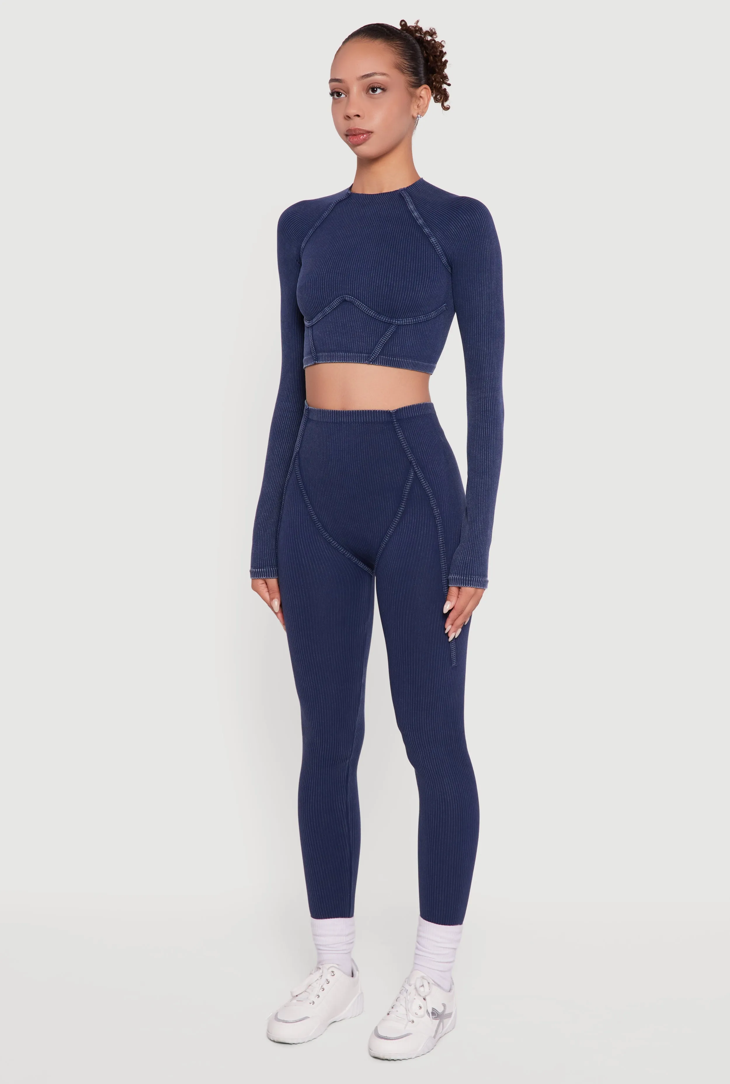 Acid Wash Ribbed Knit Decorative Stitch Active Crop Top sold by Rainbow product image thumbnail 5