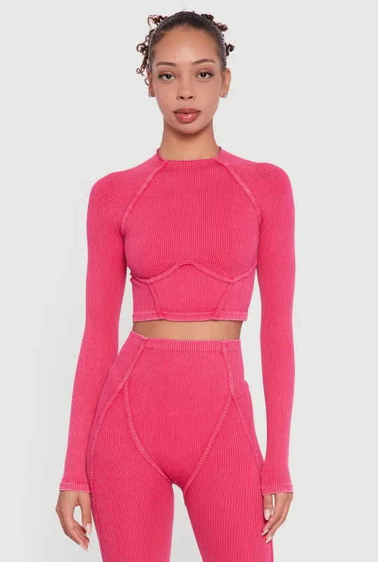 Acid Wash Ribbed Knit Decorative Stitch Active Crop Top sold by Rainbow