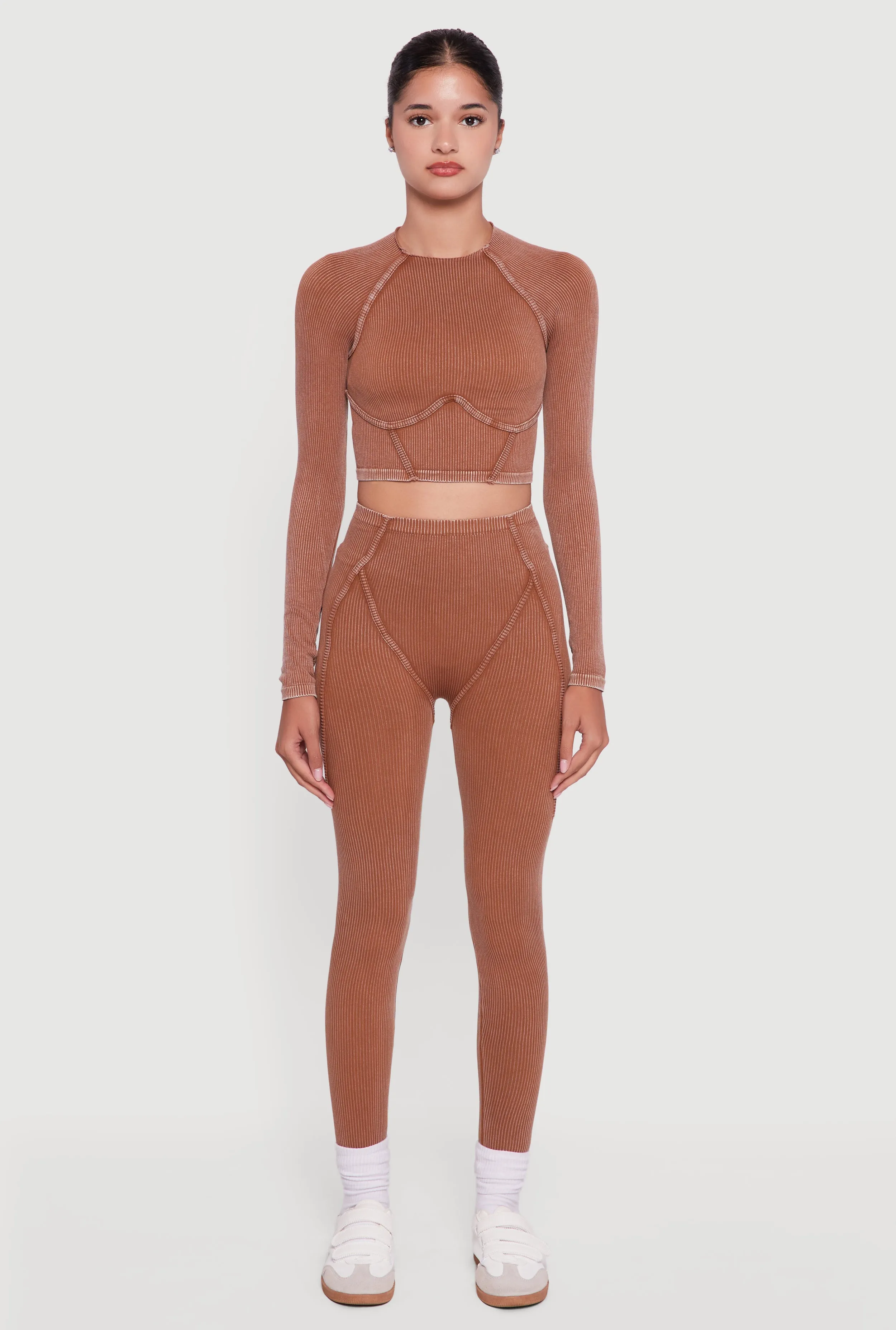 Acid Wash Ribbed Knit Decorative Stitch Active Crop Top sold by Rainbow product image thumbnail 3