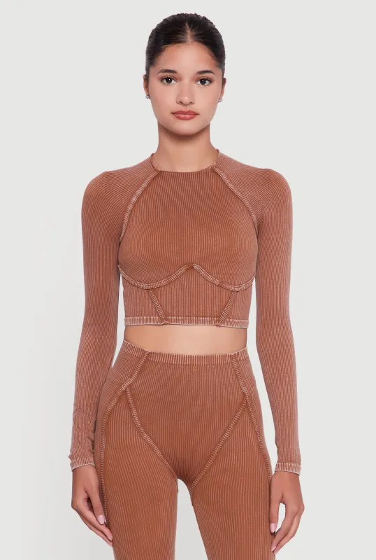 Acid Wash Ribbed Knit Decorative Stitch Active Crop Top sold by Rainbow