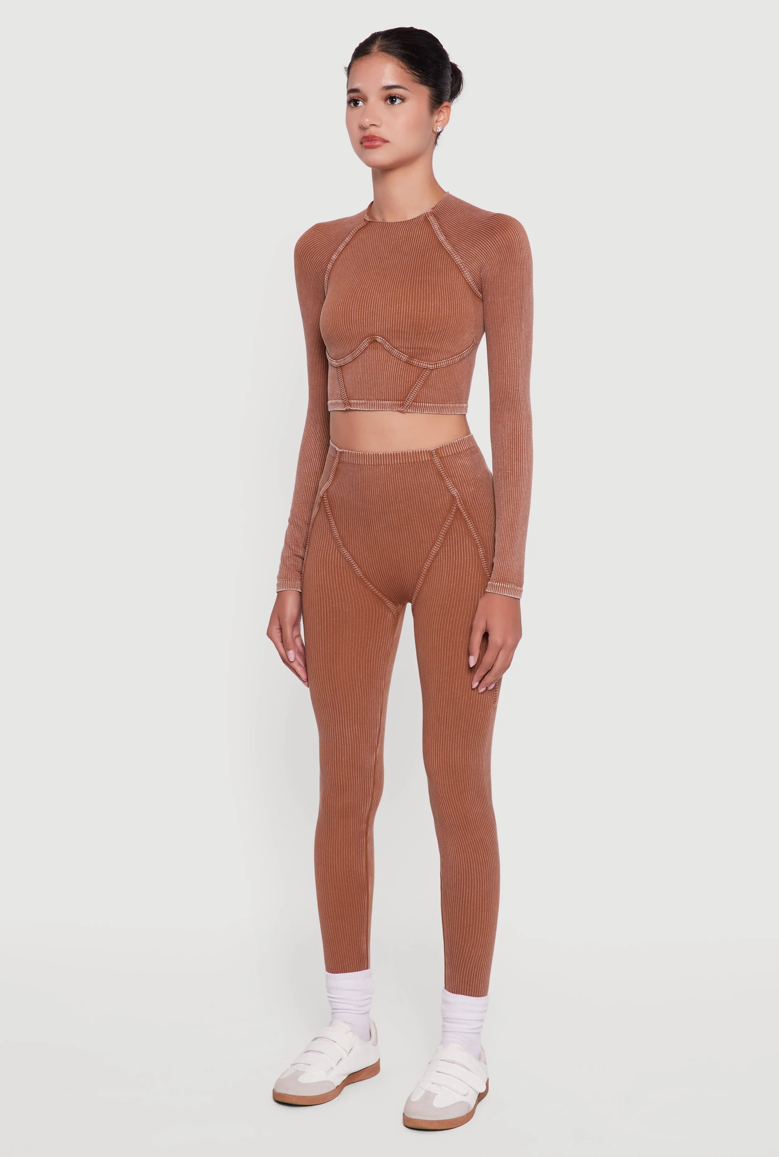 Acid Wash Ribbed Knit Decorative Stitch Active Crop Top sold by Rainbow product image thumbnail 5