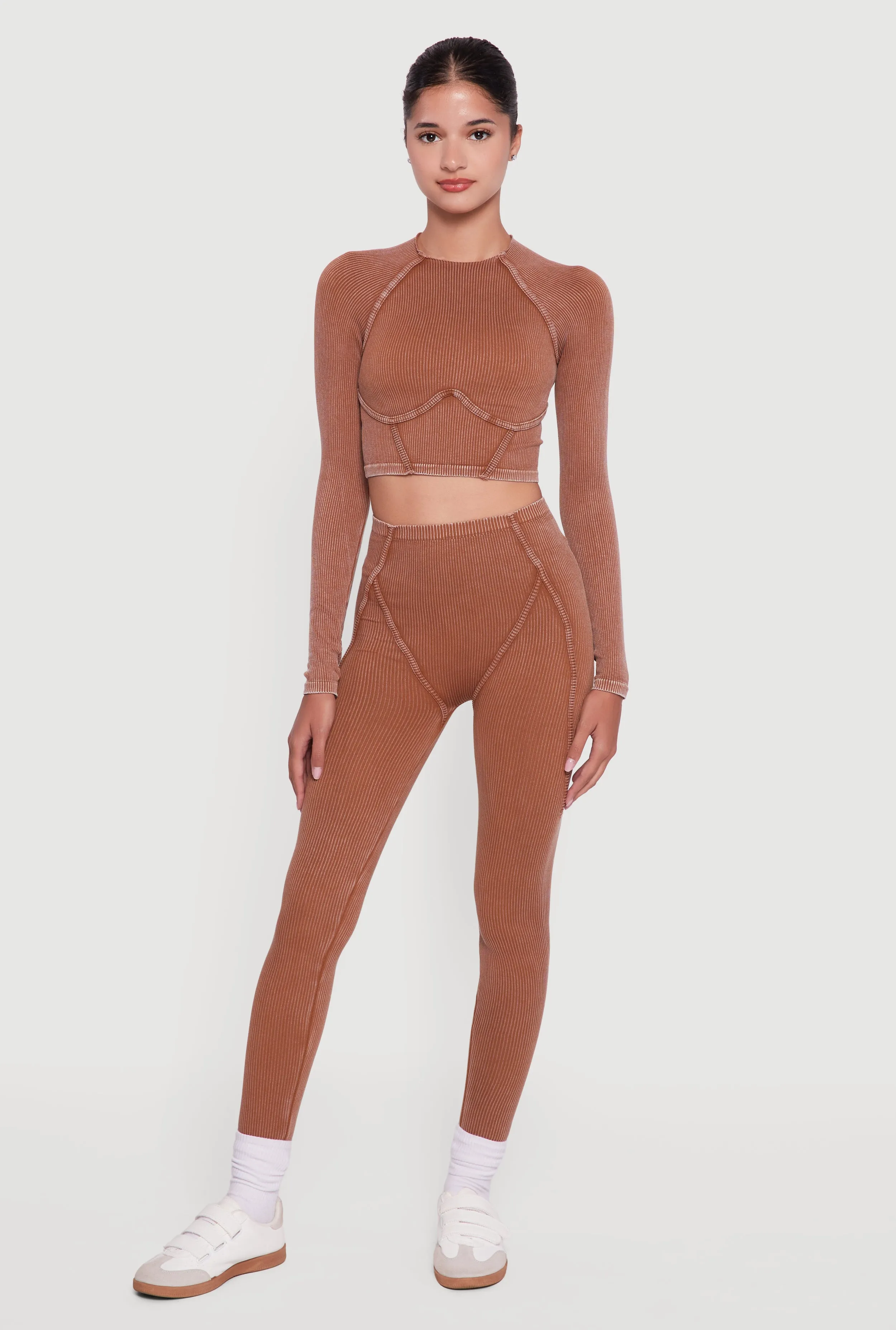 Acid Wash Ribbed Knit Decorative Stitch Active Crop Top sold by Rainbow product image thumbnail 2