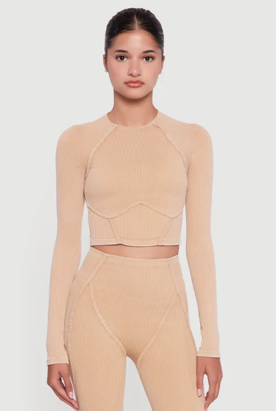 Acid Wash Ribbed Knit Decorative Stitch Active Crop Top sold by Rainbow