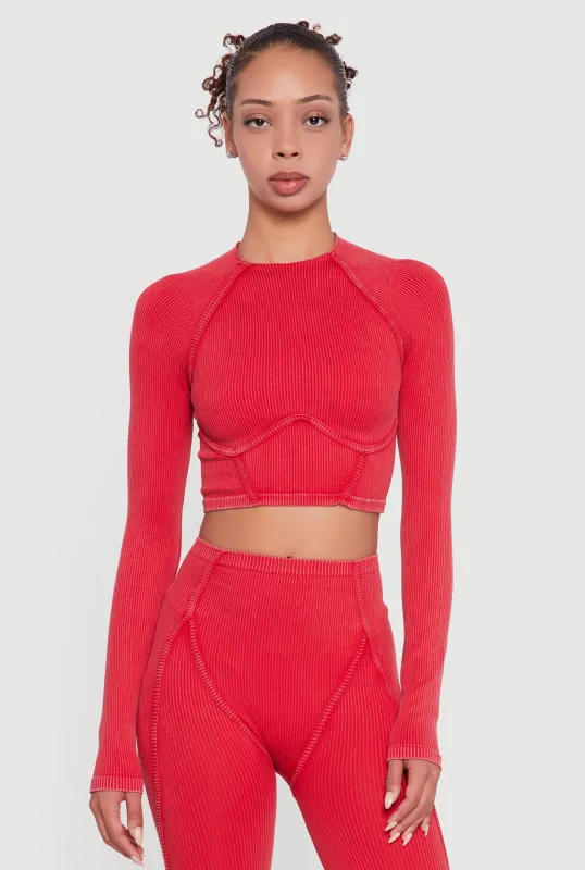 Acid Wash Ribbed Knit Decorative Stitch Active Crop Top sold by Rainbow