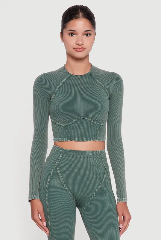 Acid Wash Ribbed Knit Decorative Stitch Active Crop Top sold by Rainbow