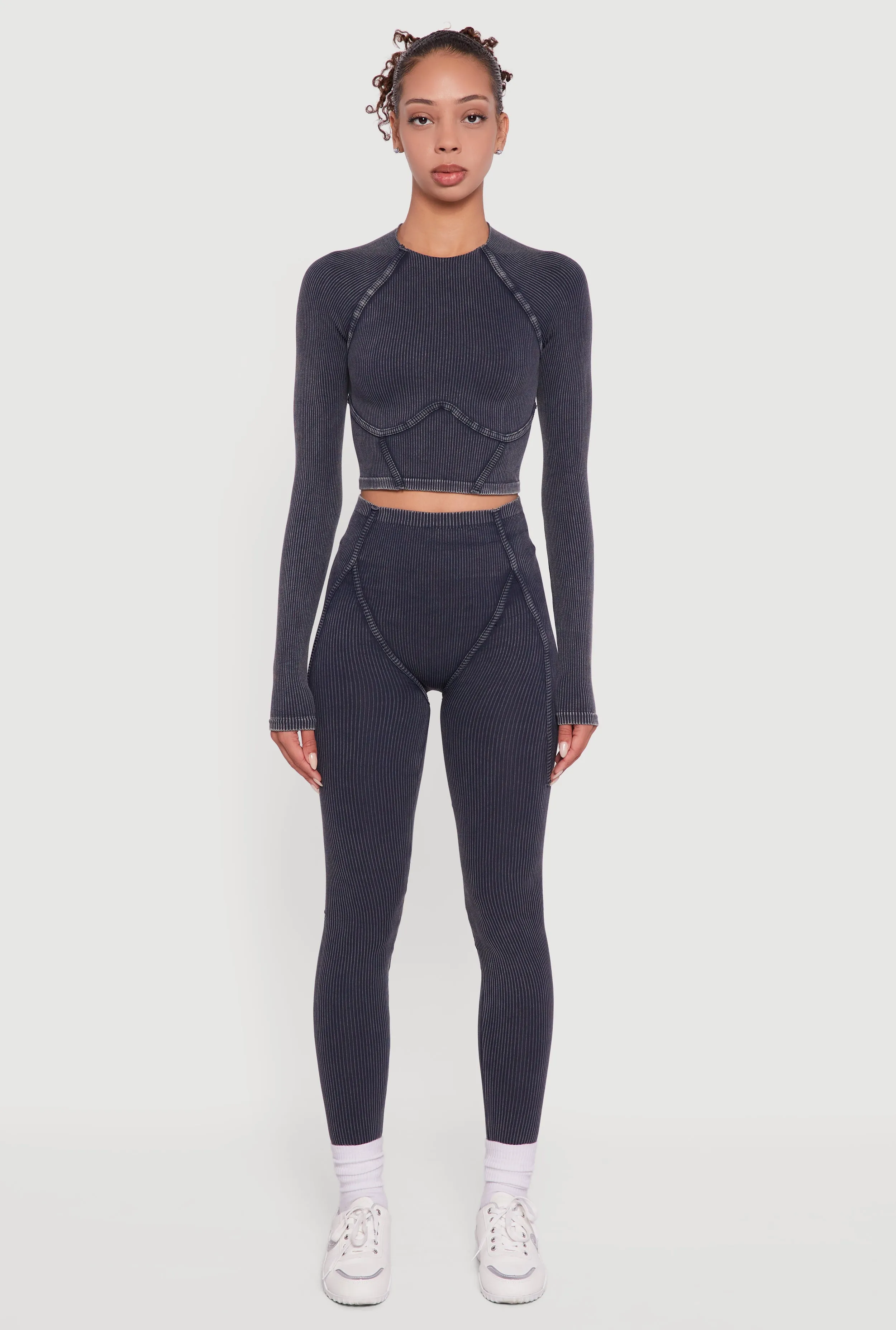 Acid Wash Ribbed Knit Decorative Stitch Active Crop Top sold by Rainbow product image thumbnail 3