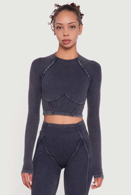Acid Wash Ribbed Knit Decorative Stitch Active Crop Top sold by Rainbow