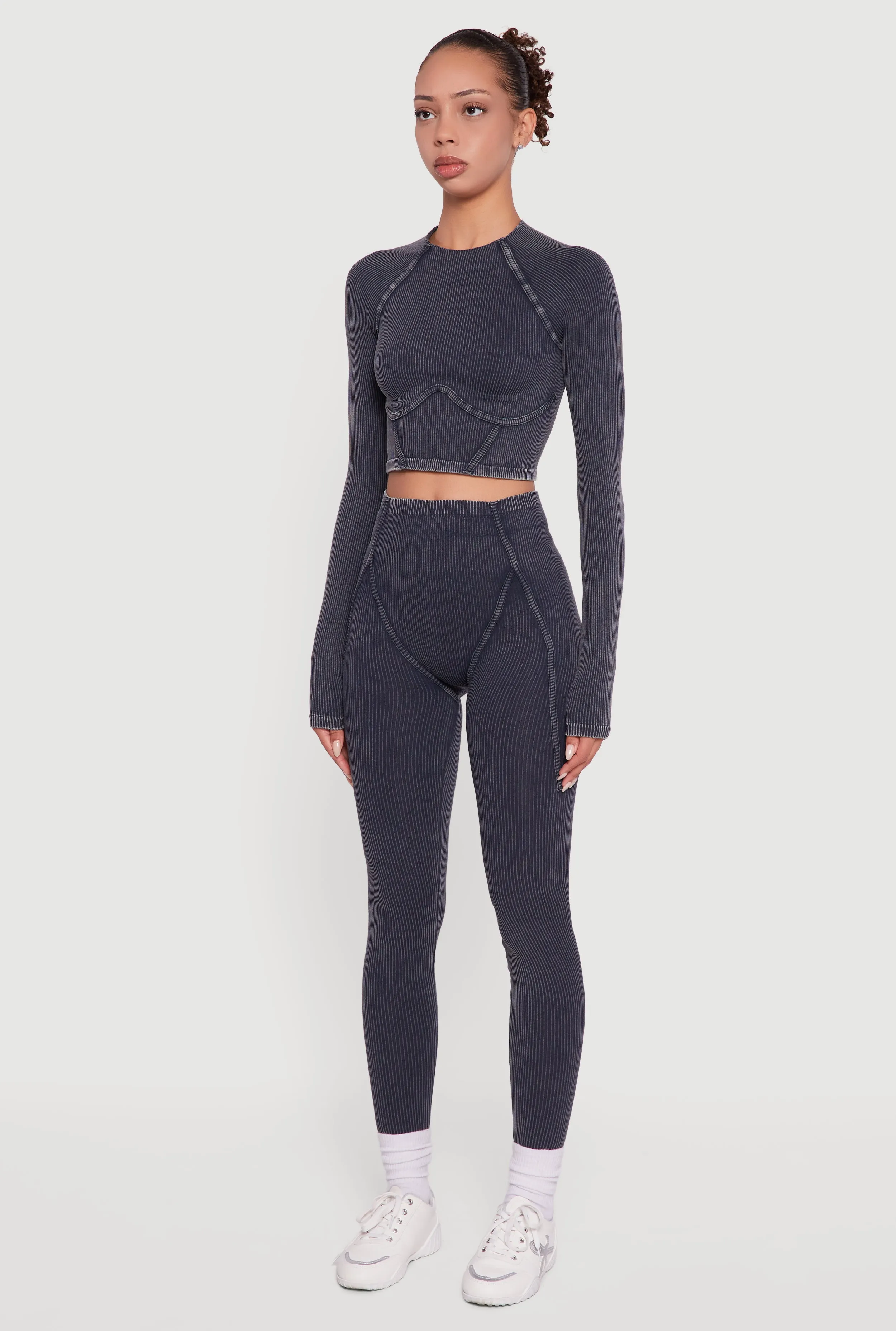 Acid Wash Ribbed Knit Decorative Stitch Active Crop Top sold by Rainbow product image thumbnail 5