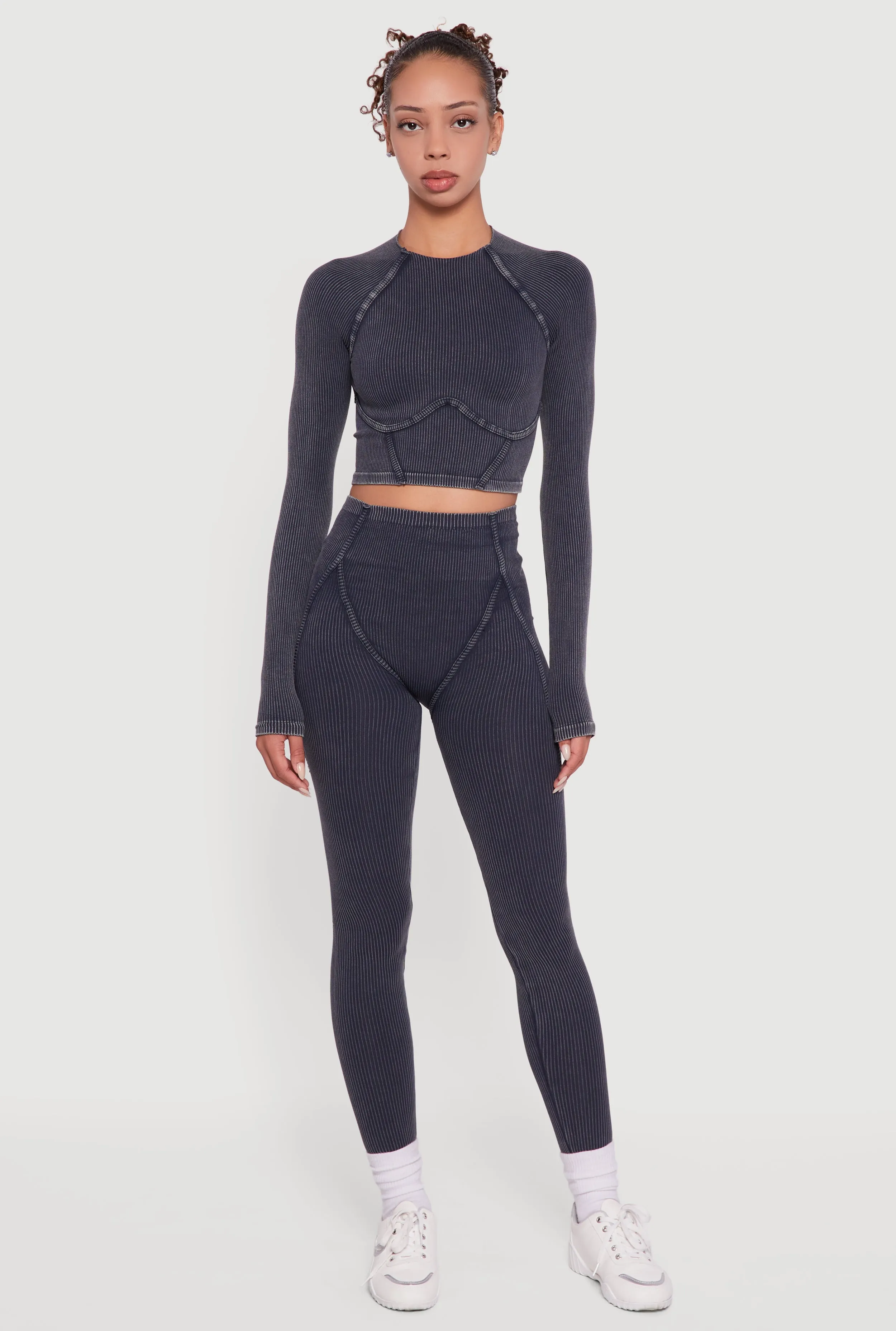 Acid Wash Ribbed Knit Decorative Stitch Active Crop Top sold by Rainbow product image thumbnail 2