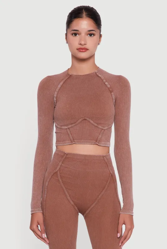 Acid Wash Ribbed Knit Decorative Stitch Active Crop Top sold by Rainbow