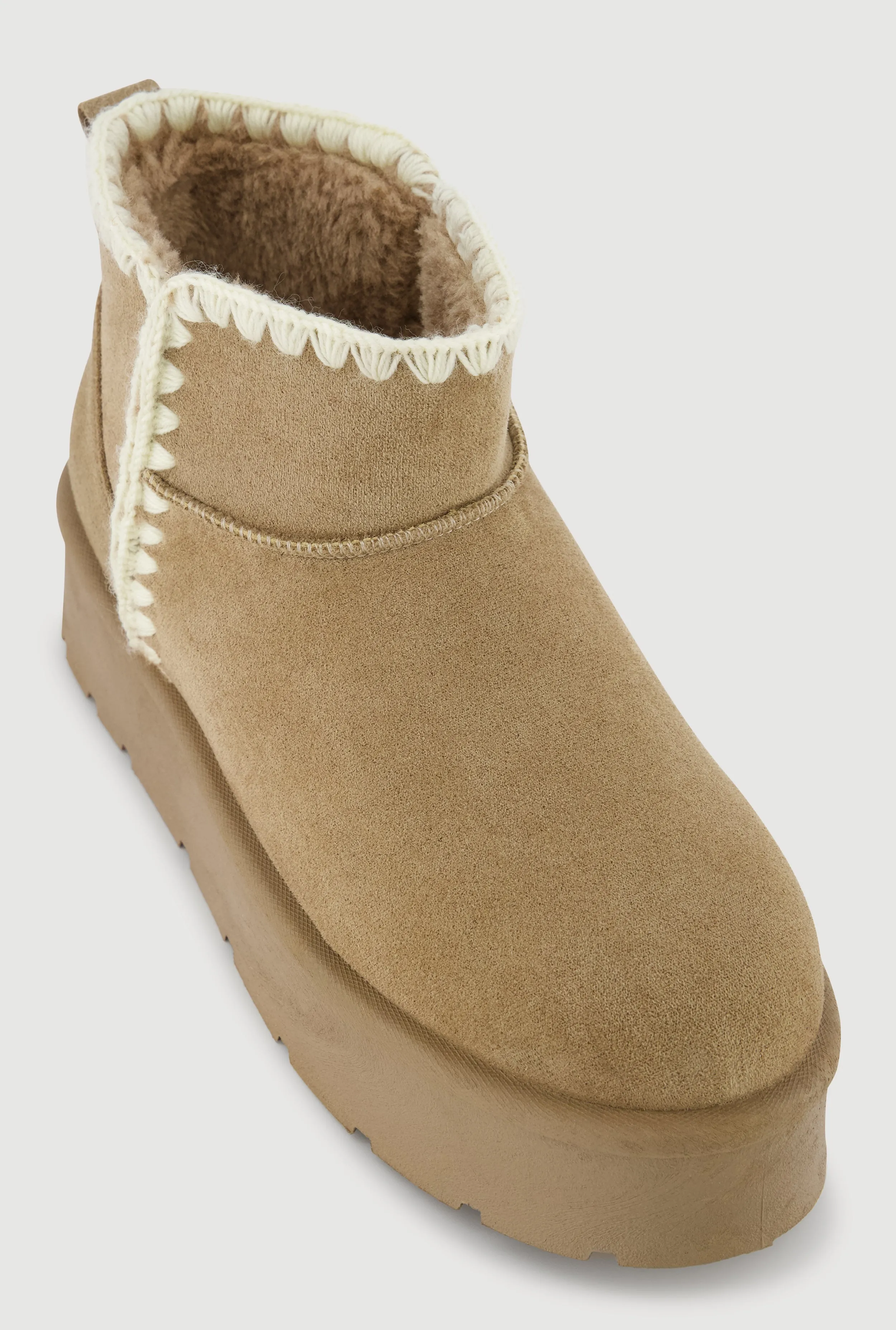 Trendy Faux Fur Lined Faux Suede Crochet Detail Platform Booties sold by Rainbow