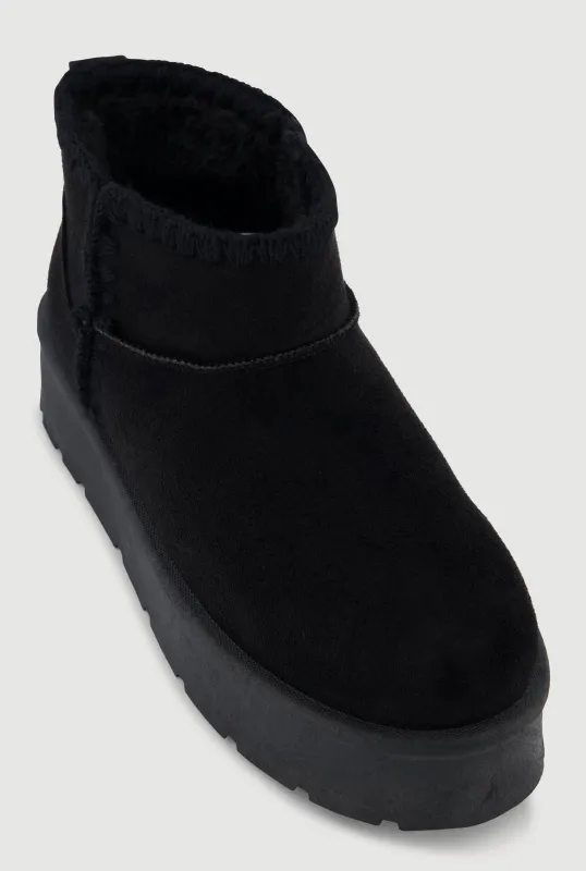 Trendy Faux Fur Lined Faux Suede Crochet Detail Platform Booties sold by Rainbow