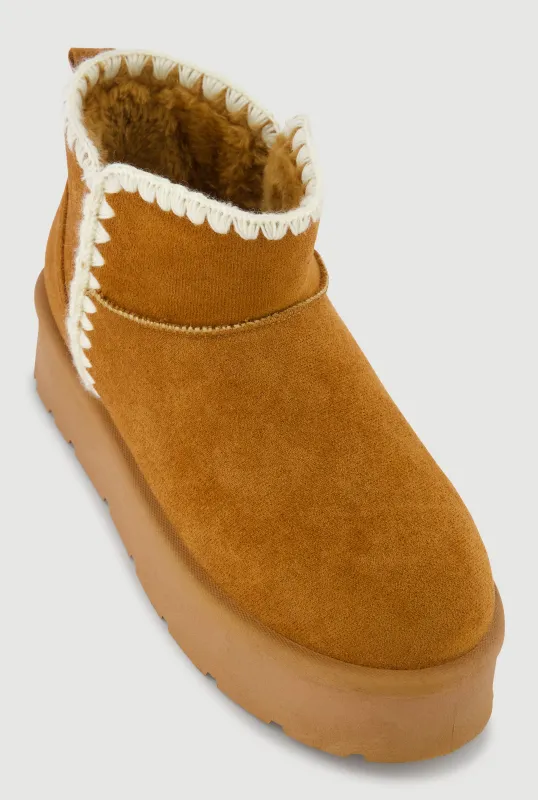 Trendy Faux Fur Lined Faux Suede Crochet Detail Platform Booties sold by Rainbow