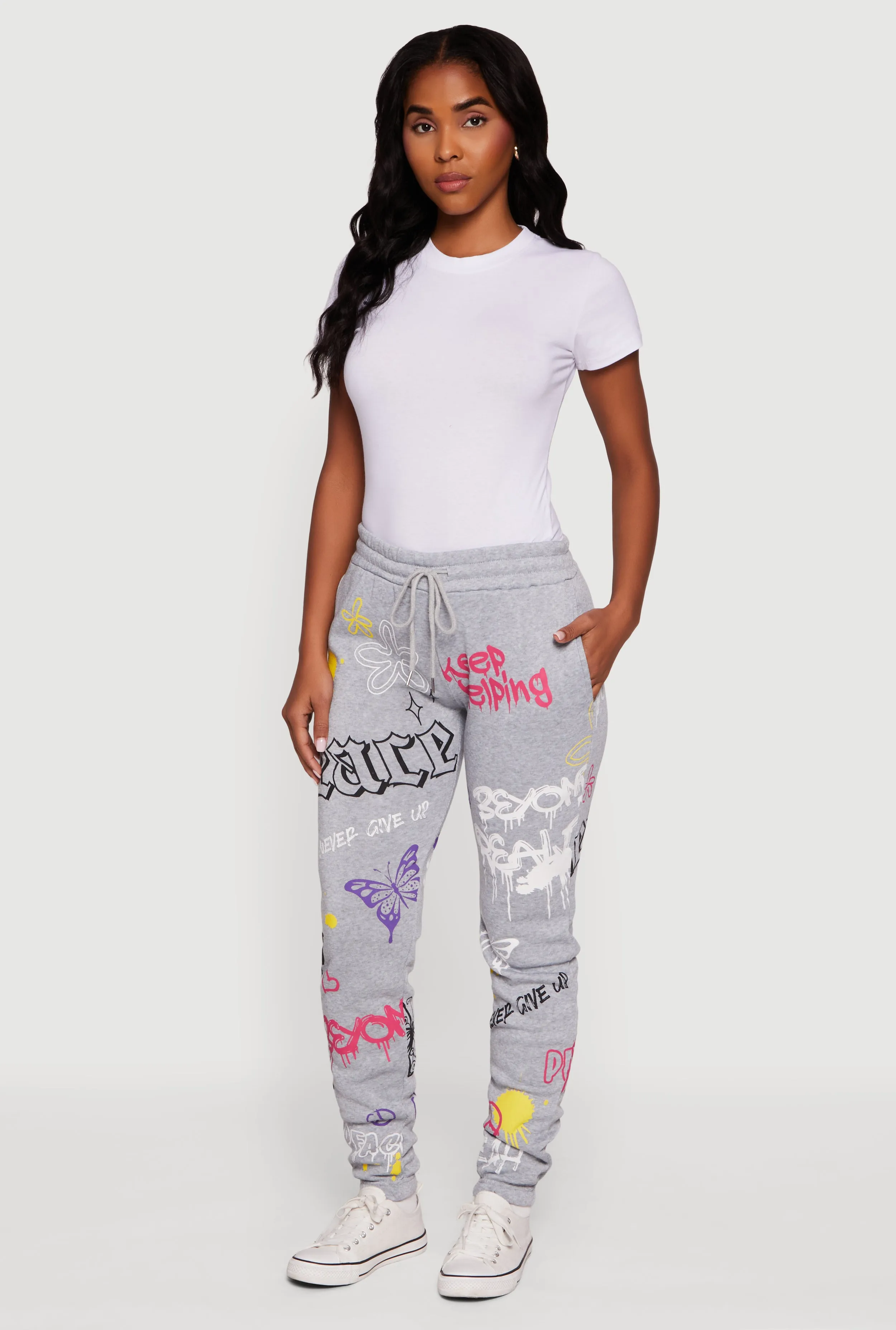 Fleece Lined Graffiti Print Peaceful Graphic Sweatpants sold by Rainbow