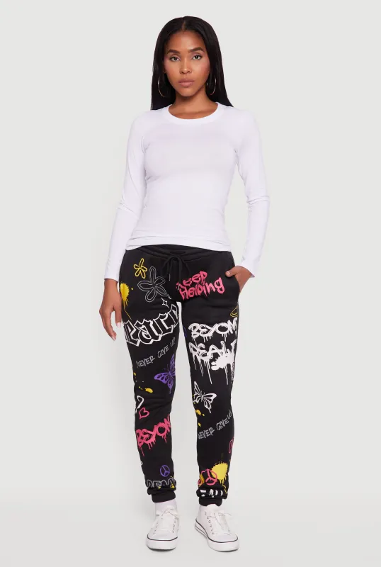 Fleece Lined Graffiti Print Peaceful Graphic Sweatpants sold by Rainbow